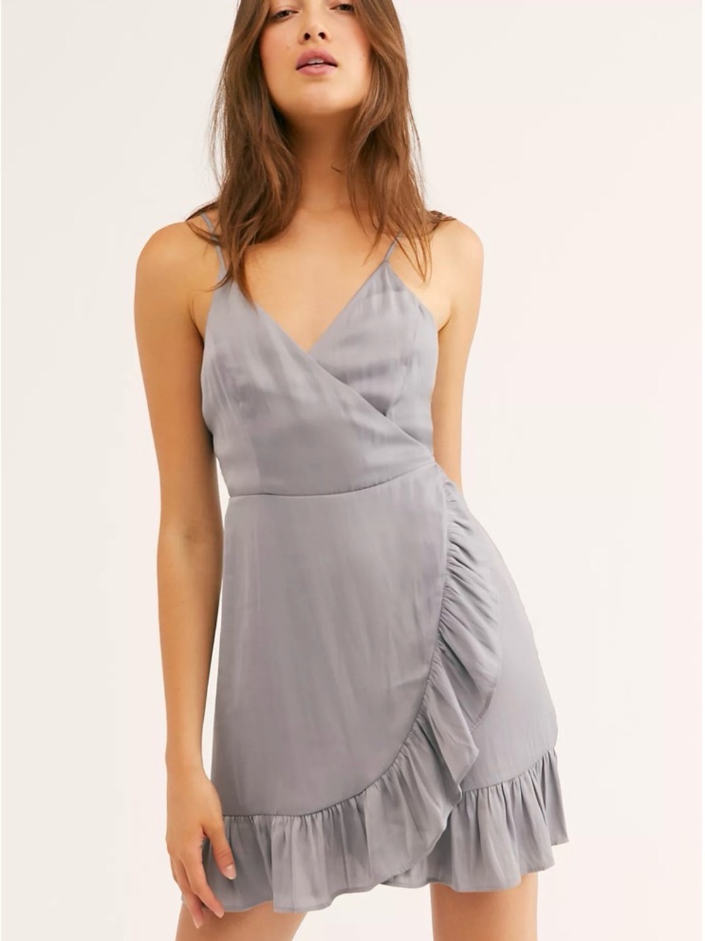 Free People Intimately All My Love Shine Wrap Slip Dress Gray Satin Ruffle